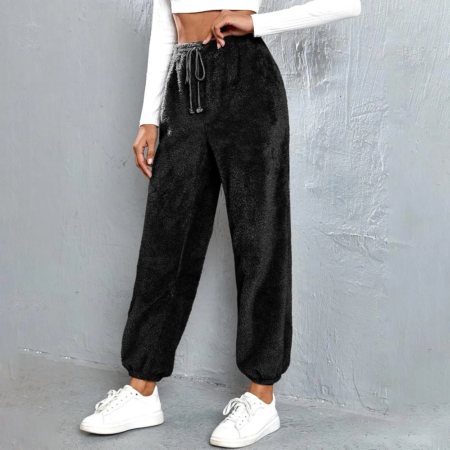 Womens Casual Baggy Fleece Sweatpants High Waist Solid Color Cinch Bottom Joggers Pants Warm Lounge Trousers with Pockets