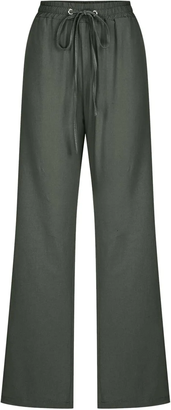 Womens Casual Pants Solid Color Elastic High Waist Straight Leg Jogger Pant Drawstring Lounge Trouser with Pocket