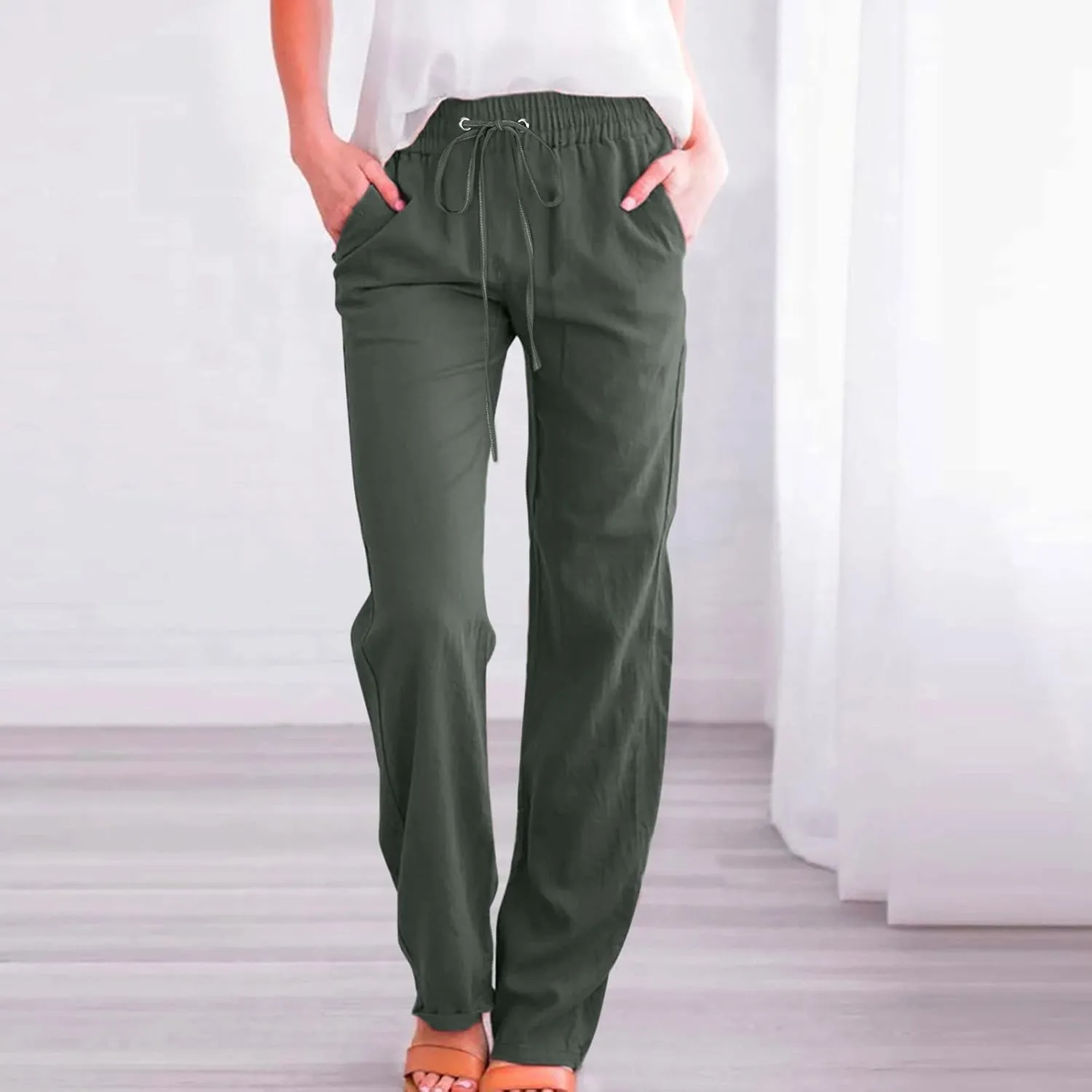 Womens Casual Pants Solid Color Elastic High Waist Straight Leg Jogger Pant Drawstring Lounge Trouser with Pocket