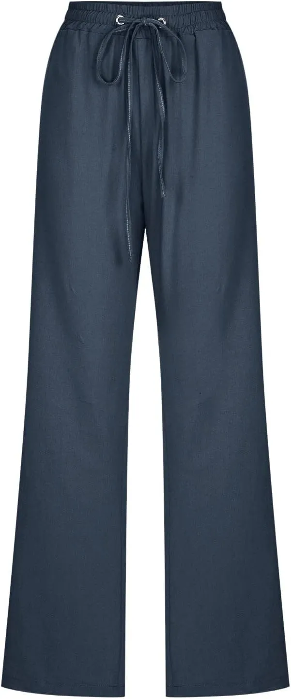 Womens Casual Pants Solid Color Elastic High Waist Straight Leg Jogger Pant Drawstring Lounge Trouser with Pocket