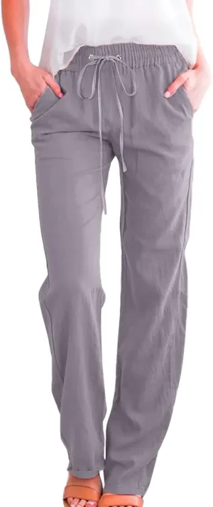 Womens Casual Pants Solid Color Elastic High Waist Straight Leg Jogger Pant Drawstring Lounge Trouser with Pocket