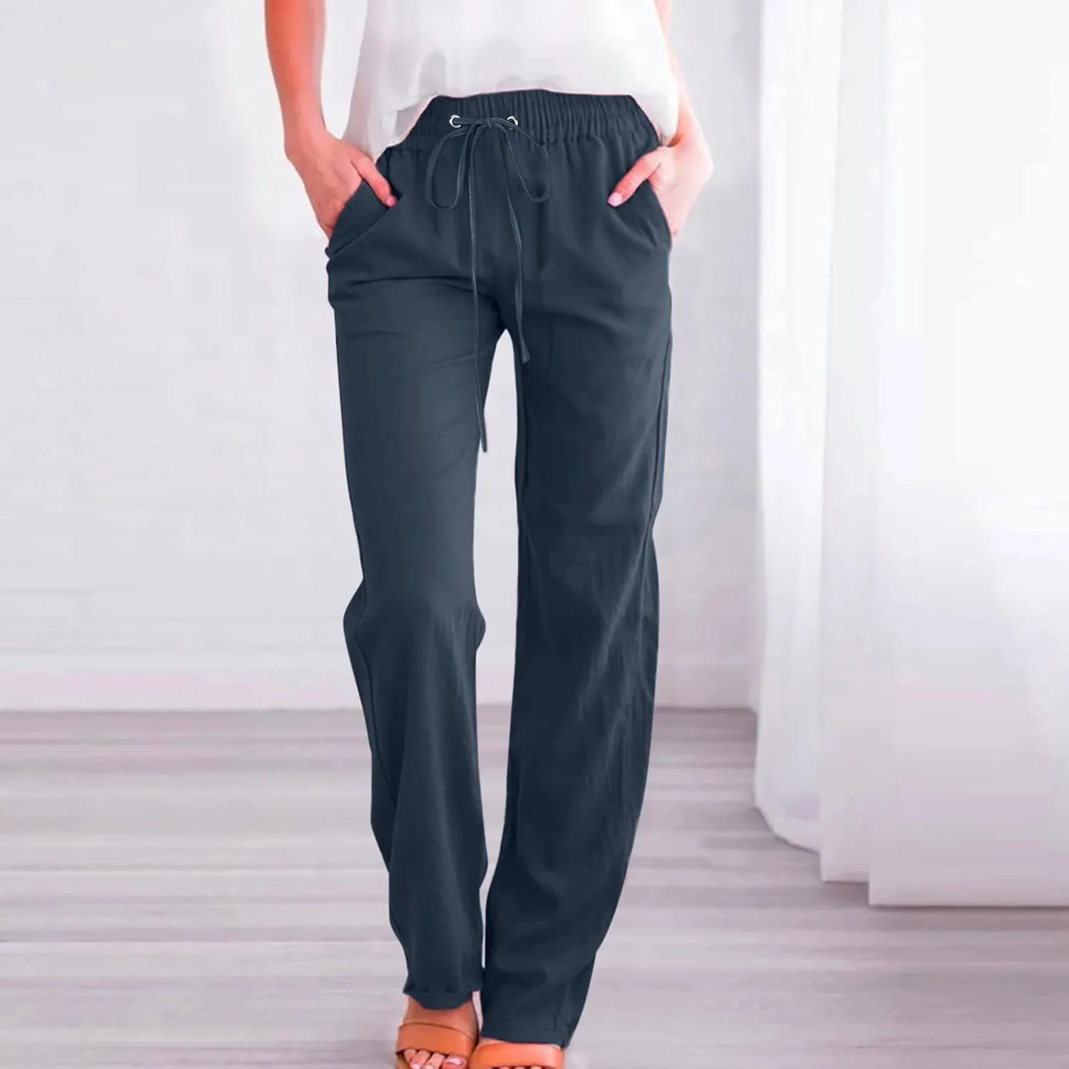 Womens Casual Pants Solid Color Elastic High Waist Straight Leg Jogger Pant Drawstring Lounge Trouser with Pocket