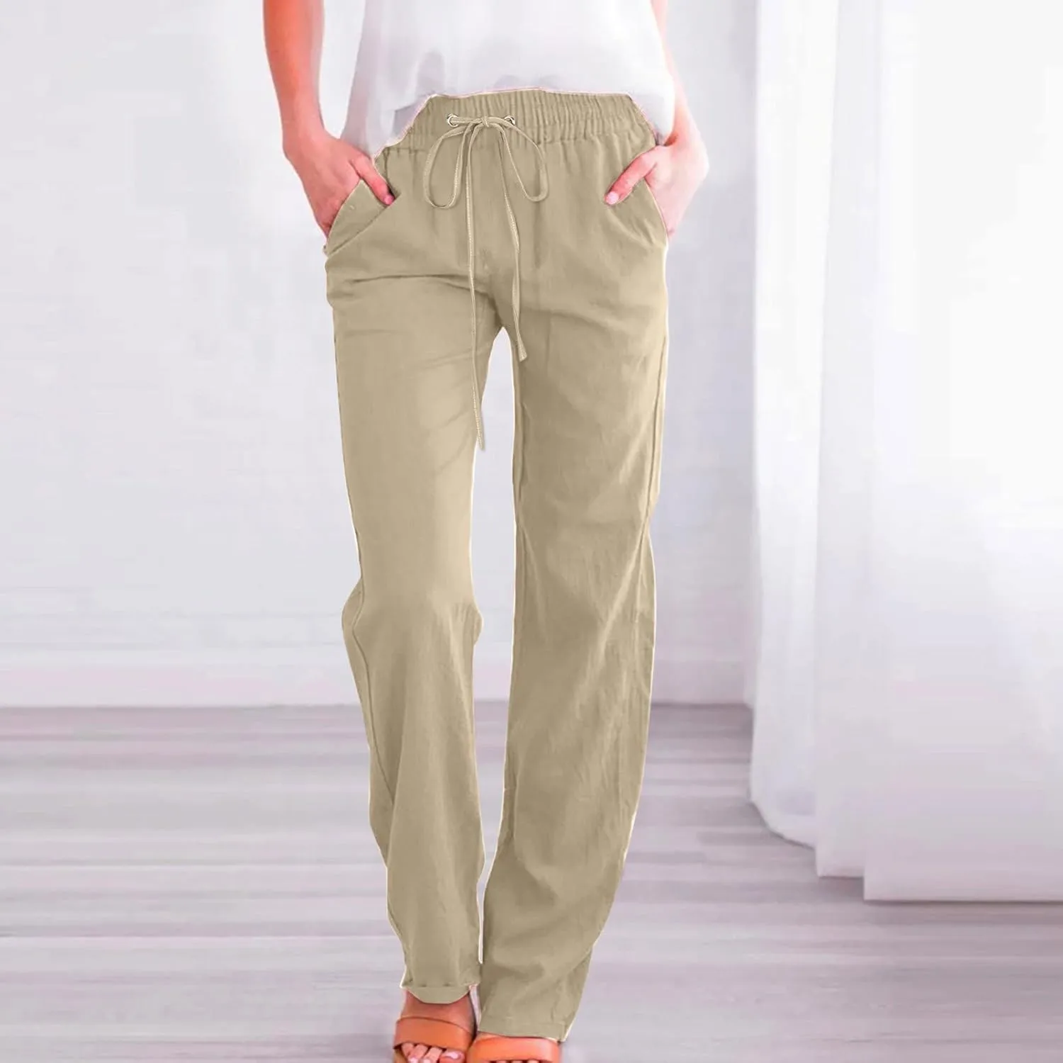 Womens Casual Pants Solid Color Elastic High Waist Straight Leg Jogger Pant Drawstring Lounge Trouser with Pocket