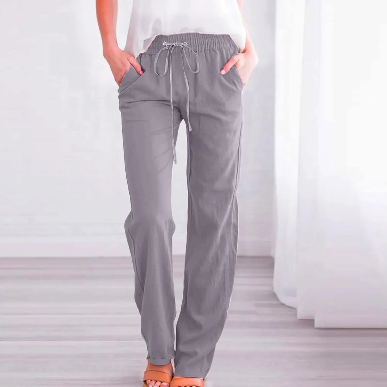 Womens Casual Pants Solid Color Elastic High Waist Straight Leg Jogger Pant Drawstring Lounge Trouser with Pocket