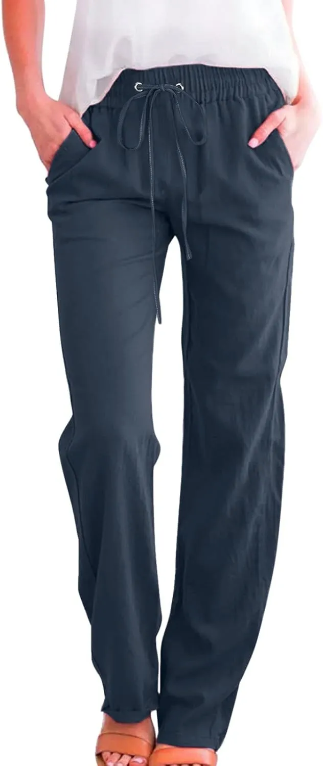 Womens Casual Pants Solid Color Elastic High Waist Straight Leg Jogger Pant Drawstring Lounge Trouser with Pocket