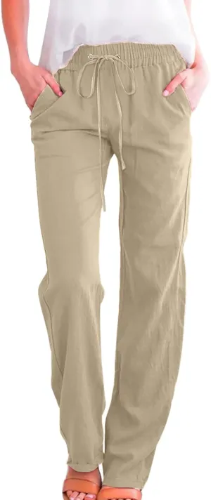 Womens Casual Pants Solid Color Elastic High Waist Straight Leg Jogger Pant Drawstring Lounge Trouser with Pocket