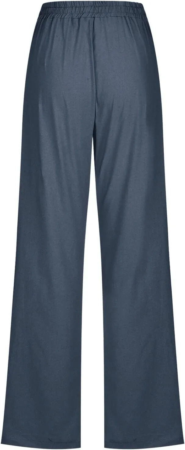 Womens Casual Pants Solid Color Elastic High Waist Straight Leg Jogger Pant Drawstring Lounge Trouser with Pocket