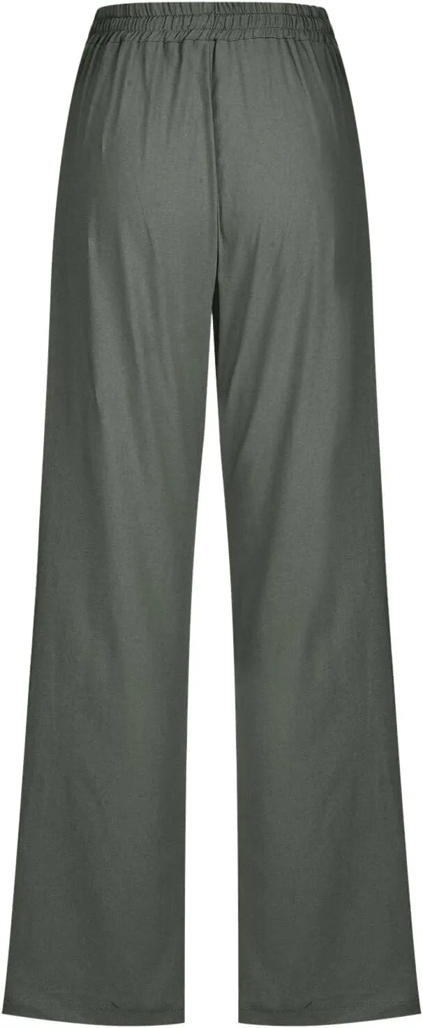 Womens Casual Pants Solid Color Elastic High Waist Straight Leg Jogger Pant Drawstring Lounge Trouser with Pocket