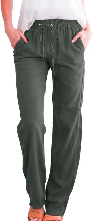 Womens Casual Pants Solid Color Elastic High Waist Straight Leg Jogger Pant Drawstring Lounge Trouser with Pocket