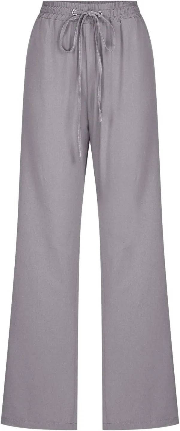 Womens Casual Pants Solid Color Elastic High Waist Straight Leg Jogger Pant Drawstring Lounge Trouser with Pocket