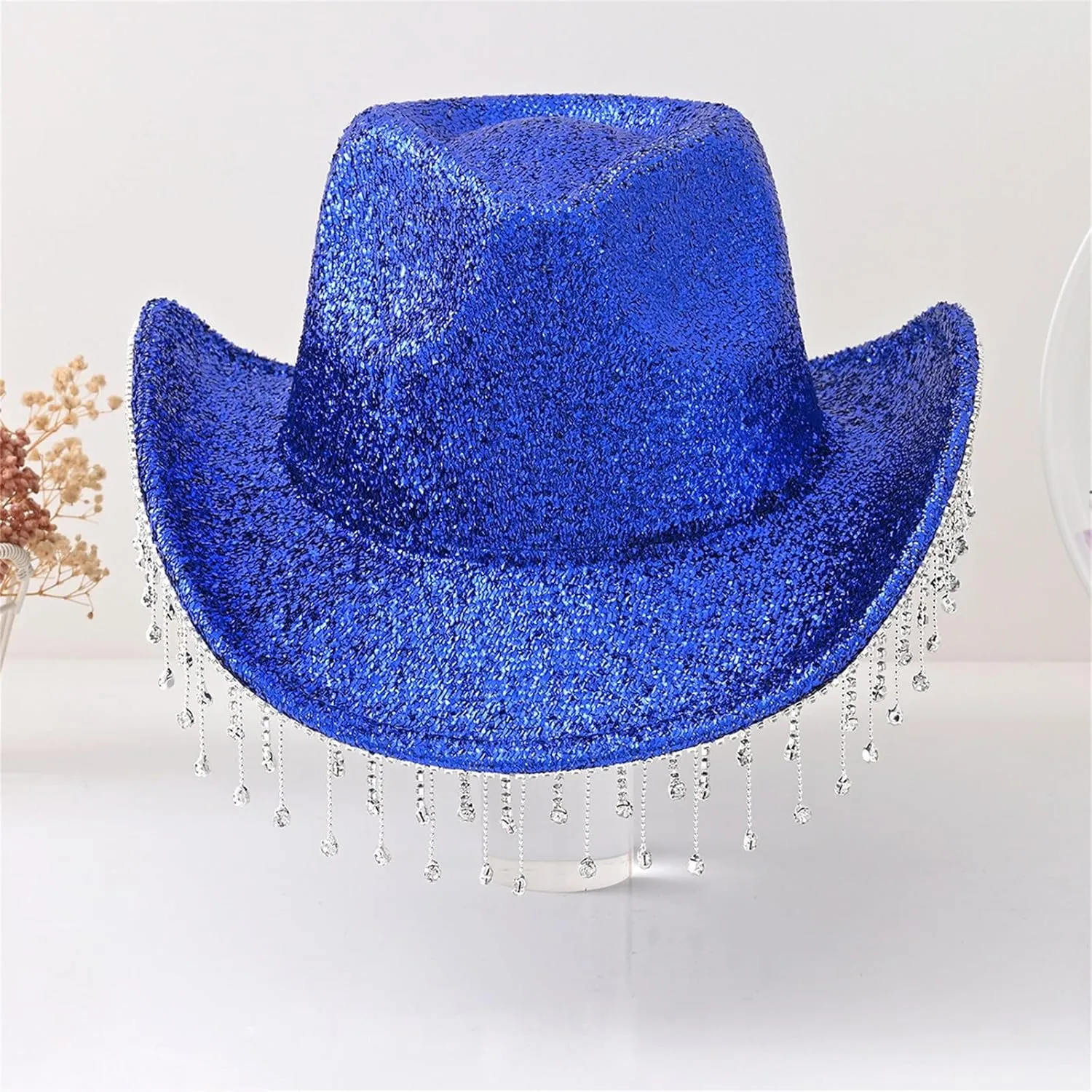 Womens Cowgirl Cowboy Hat Wide Brim Rhinestone Glitter Cap Western Sequins Cowboy Hats Wedding Music Costume Party