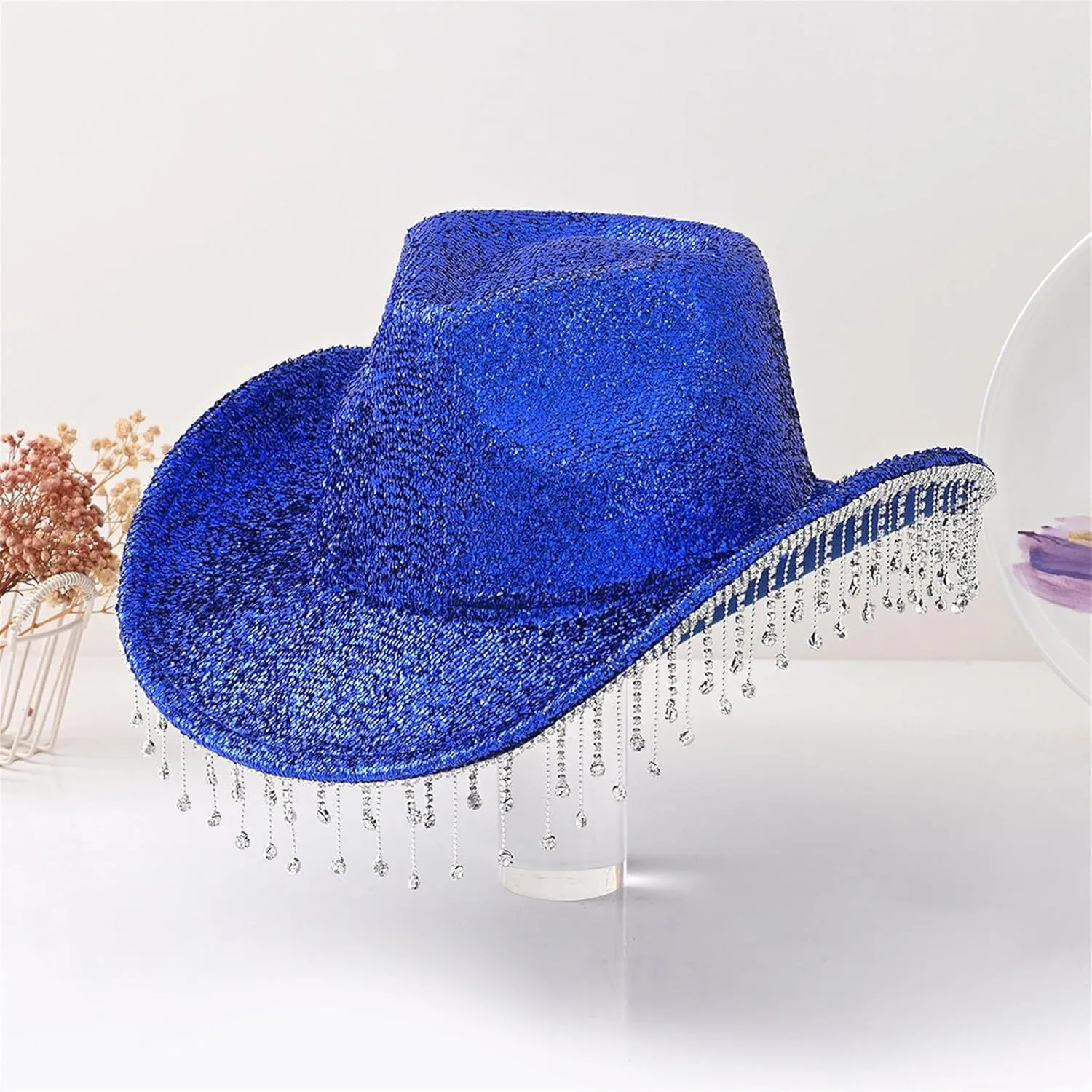 Womens Cowgirl Cowboy Hat Wide Brim Rhinestone Glitter Cap Western Sequins Cowboy Hats Wedding Music Costume Party