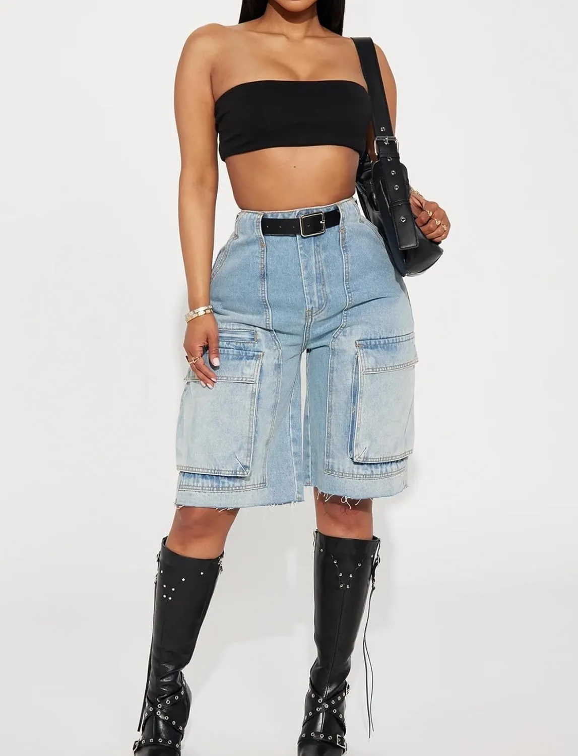 Women's High Waist Denim Shorts Straight Leg Raw Hem Jean Shorts Summer Hot Pants with Pockets