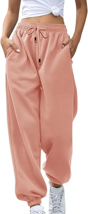 Womens High Waist Trendy Sweatpants Drawstring Elastic Lounge Joggers Straight Leg Loose Sweat Pants