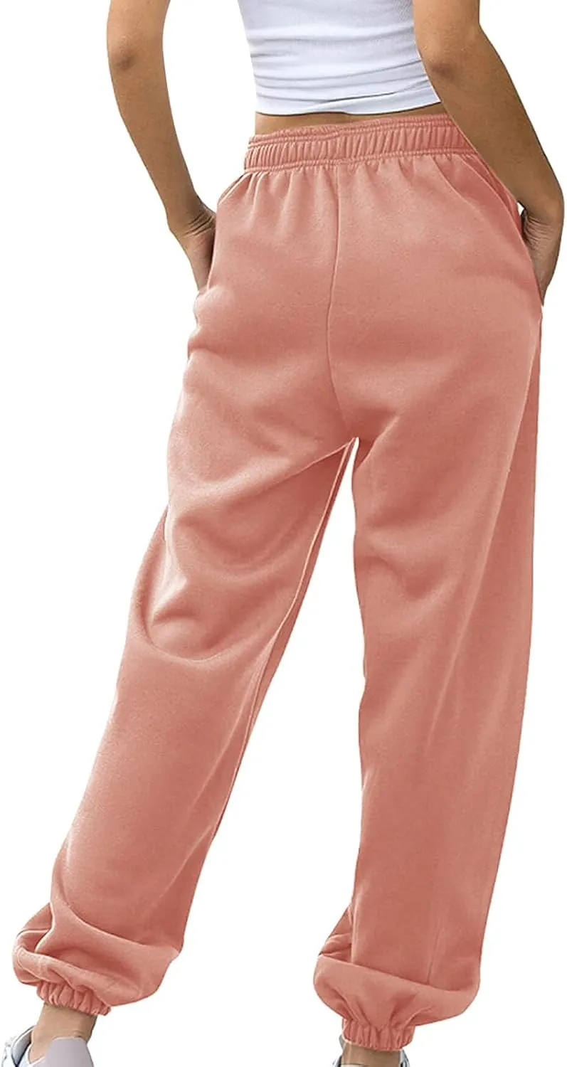 Womens High Waist Trendy Sweatpants Drawstring Elastic Lounge Joggers Straight Leg Loose Sweat Pants