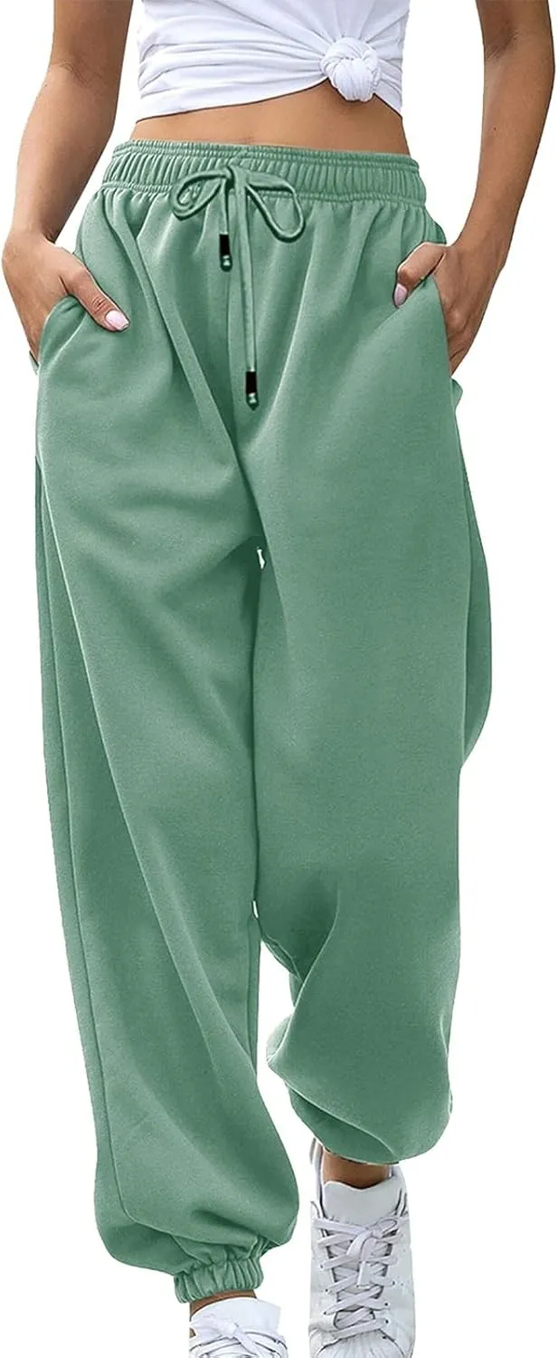Womens High Waist Trendy Sweatpants Drawstring Elastic Lounge Joggers Straight Leg Loose Sweat Pants