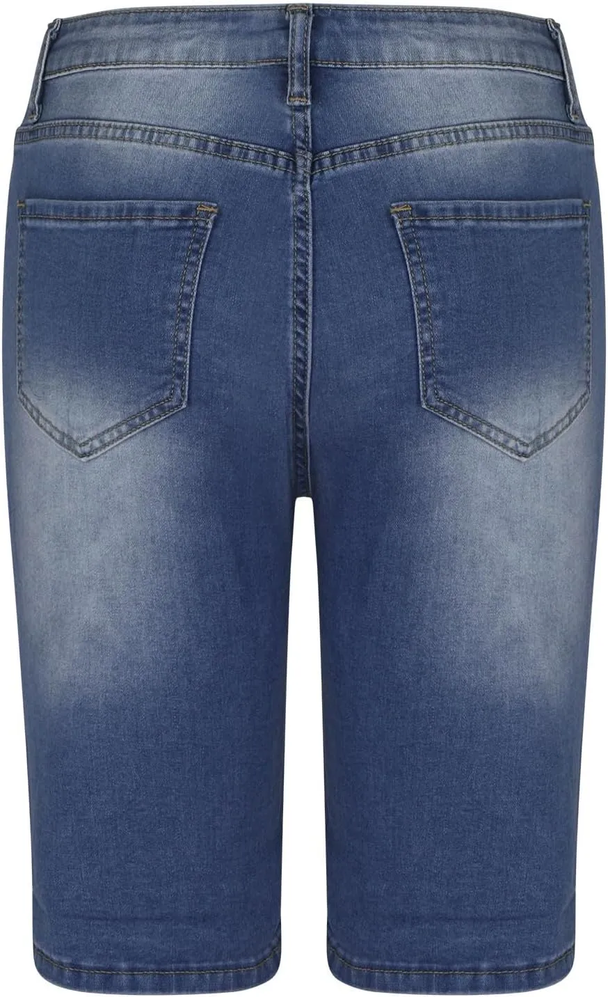 Women's High Waisted Stretchy Denim Shorts Trendy 2025 Distressed Design Elastic Waist Comfort Fit Blue Jean Shorts