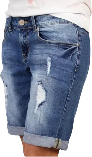Women's High Waisted Stretchy Denim Shorts Trendy 2025 Distressed Design Elastic Waist Comfort Fit Blue Jean Shorts