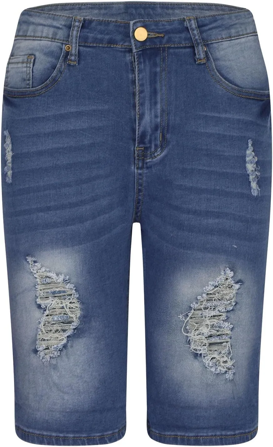 Women's High Waisted Stretchy Denim Shorts Trendy 2025 Distressed Design Elastic Waist Comfort Fit Blue Jean Shorts