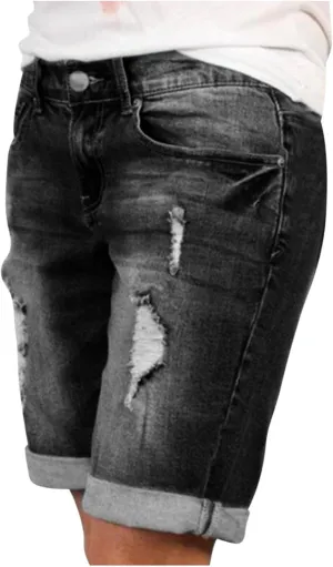 Women's High Waisted Stretchy Denim Shorts Trendy 2025 Distressed Design Elastic Waist Comfort Fit Blue Jean Shorts