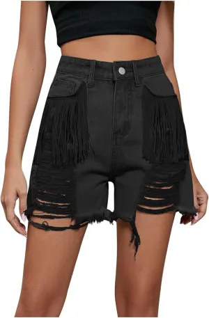 Womens Jeans Shorts Casual Summer High Waisted Distressed Denim Capris Y2k Tassels Ripped Raw Hem Stretch Jean Shorts
