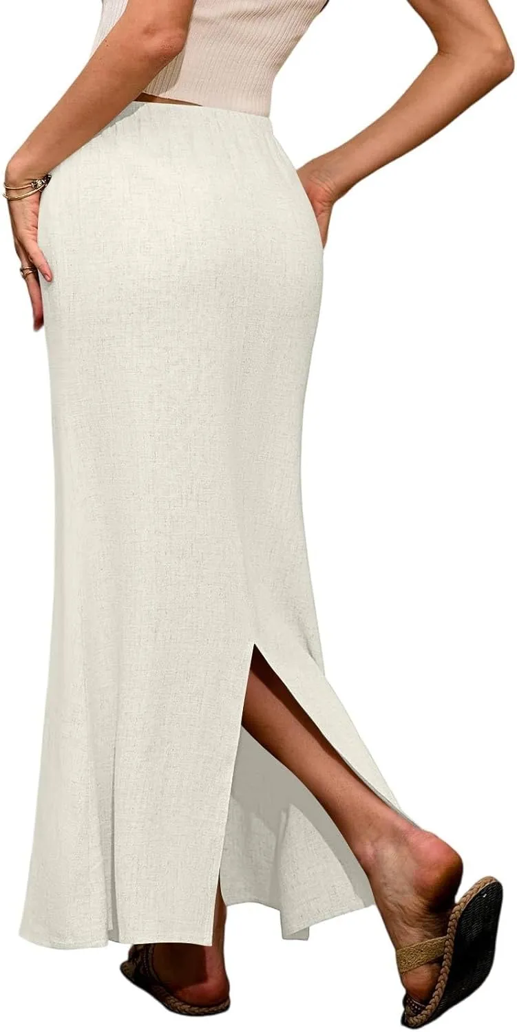 Womens Linen Skirt Maxi Summer Work Skirt Drawstring Elastic High Waisted A Line Skirts Long with Slit (S-2Xl)