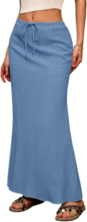 Womens Linen Skirt Maxi Summer Work Skirt Drawstring Elastic High Waisted A Line Skirts Long with Slit (S-2Xl)