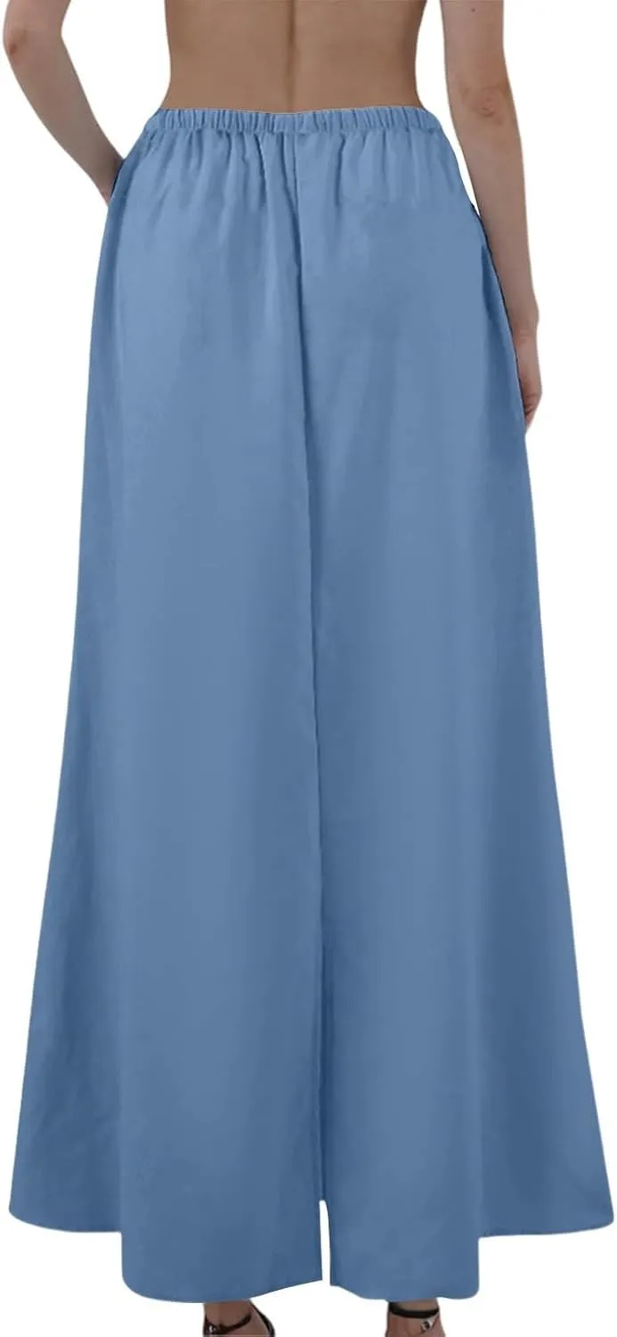 Womens Linen Skirt Maxi Summer Work Skirt Drawstring Elastic High Waisted A Line Skirts Long with Slit (S-2Xl)
