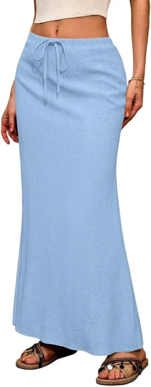 Womens Linen Skirt Maxi Summer Work Skirt Drawstring Elastic High Waisted A Line Skirts Long with Slit (S-2Xl)