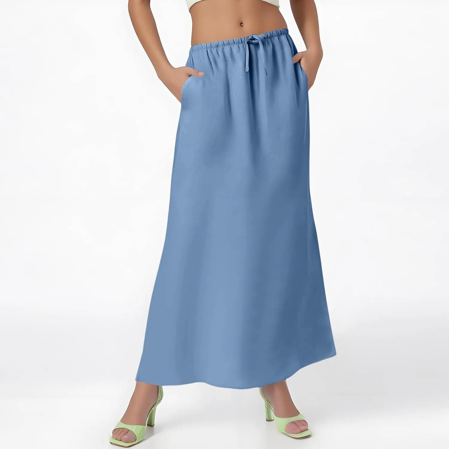 Womens Linen Skirt Maxi Summer Work Skirt Drawstring Elastic High Waisted A Line Skirts Long with Slit (S-2Xl)