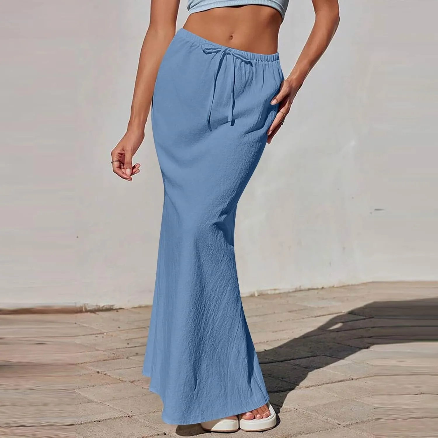 Womens Linen Skirt Maxi Summer Work Skirt Drawstring Elastic High Waisted A Line Skirts Long with Slit (S-2Xl)