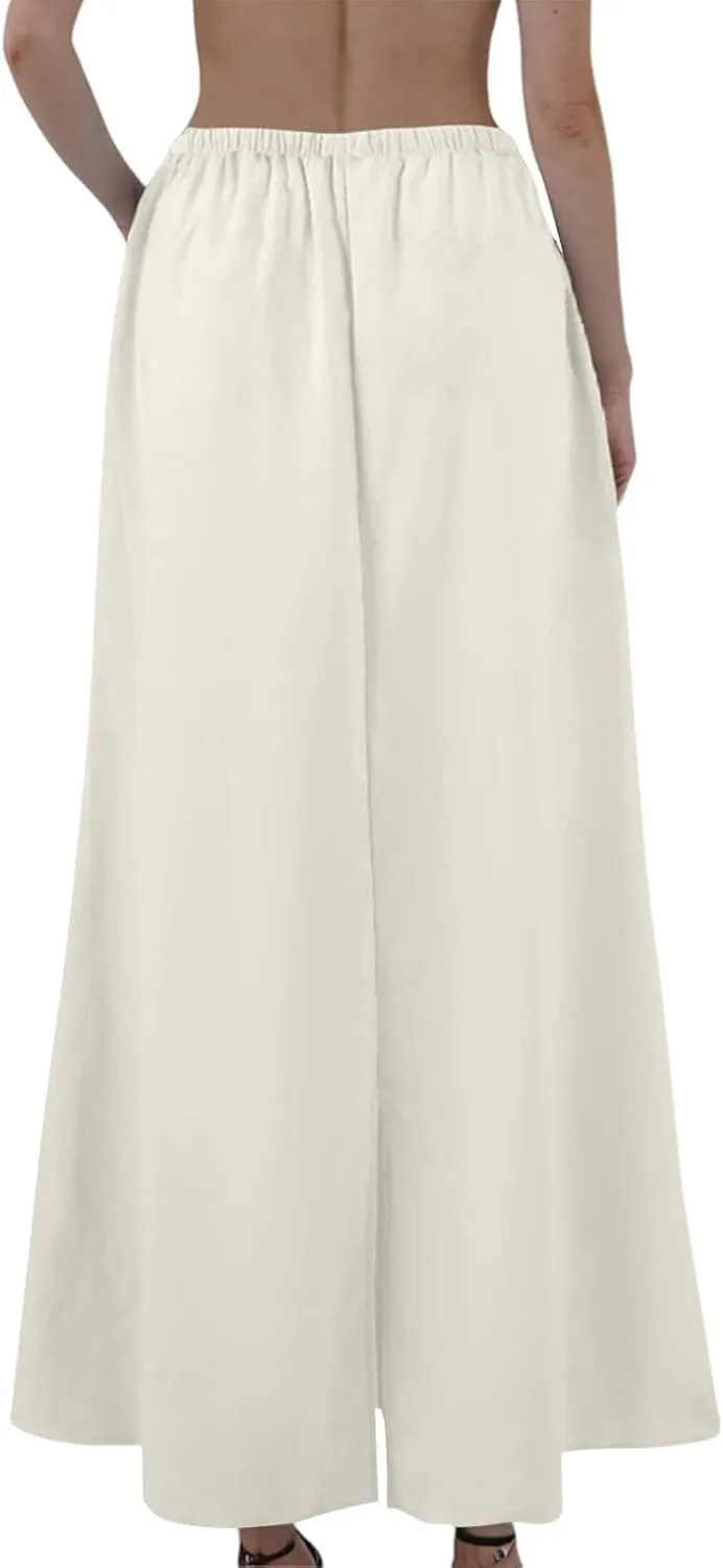 Womens Linen Skirt Maxi Summer Work Skirt Drawstring Elastic High Waisted A Line Skirts Long with Slit (S-2Xl)