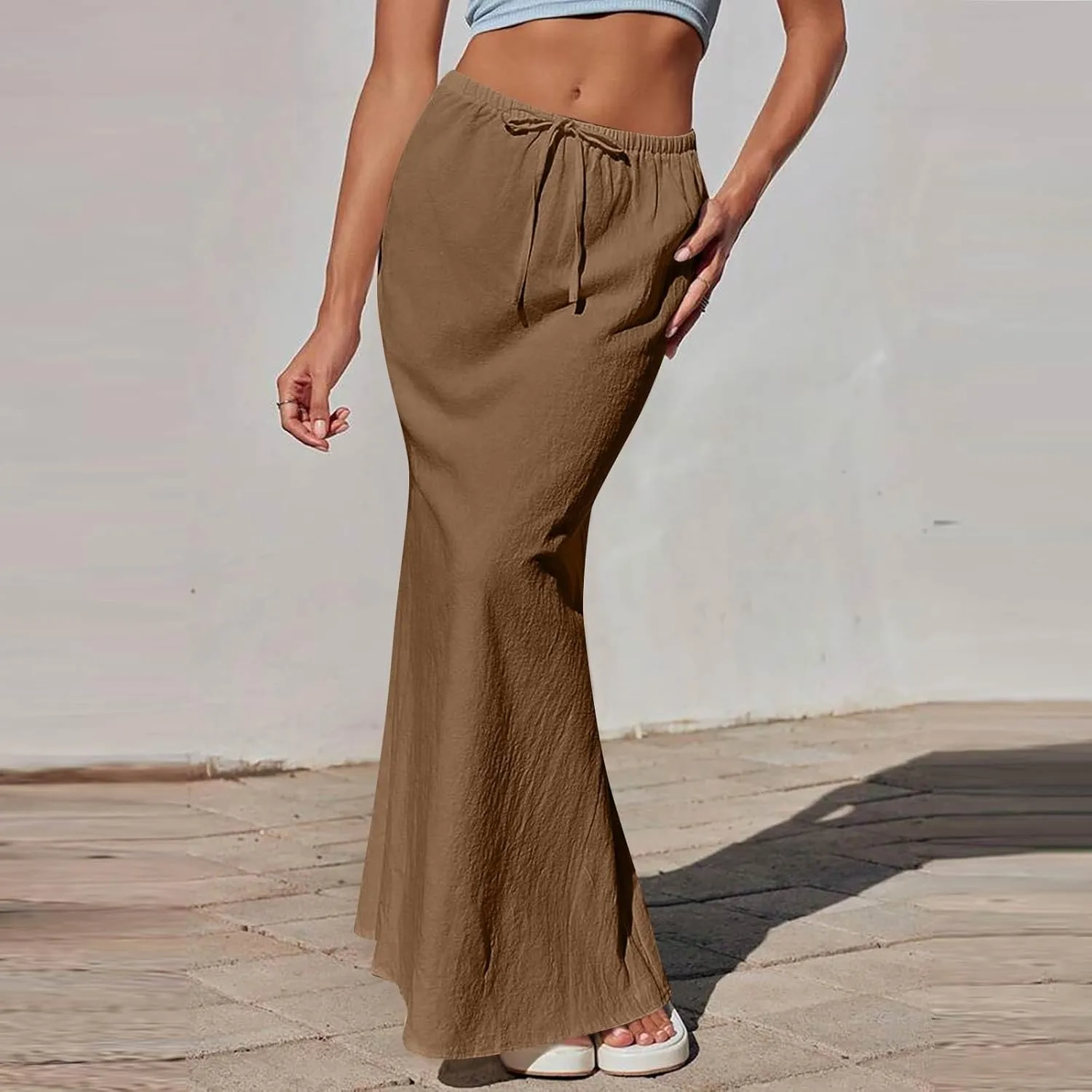 Womens Linen Skirt Maxi Summer Work Skirt Drawstring Elastic High Waisted A Line Skirts Long with Slit (S-2Xl)