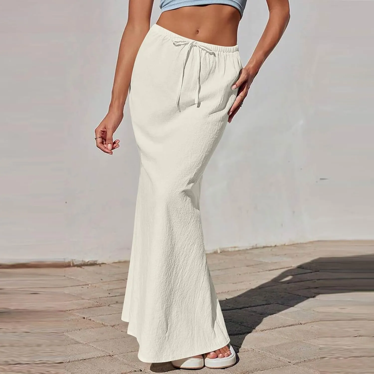 Womens Linen Skirt Maxi Summer Work Skirt Drawstring Elastic High Waisted A Line Skirts Long with Slit (S-2Xl)