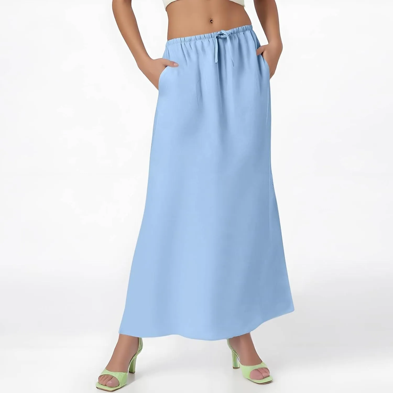 Womens Linen Skirt Maxi Summer Work Skirt Drawstring Elastic High Waisted A Line Skirts Long with Slit (S-2Xl)
