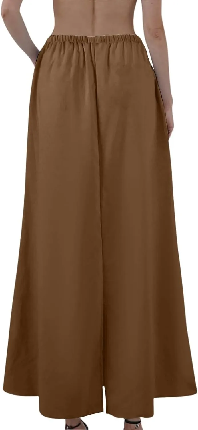 Womens Linen Skirt Maxi Summer Work Skirt Drawstring Elastic High Waisted A Line Skirts Long with Slit (S-2Xl)