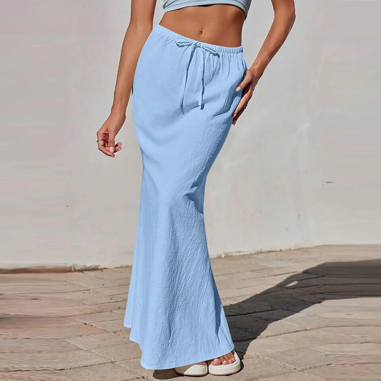 Womens Linen Skirt Maxi Summer Work Skirt Drawstring Elastic High Waisted A Line Skirts Long with Slit (S-2Xl)