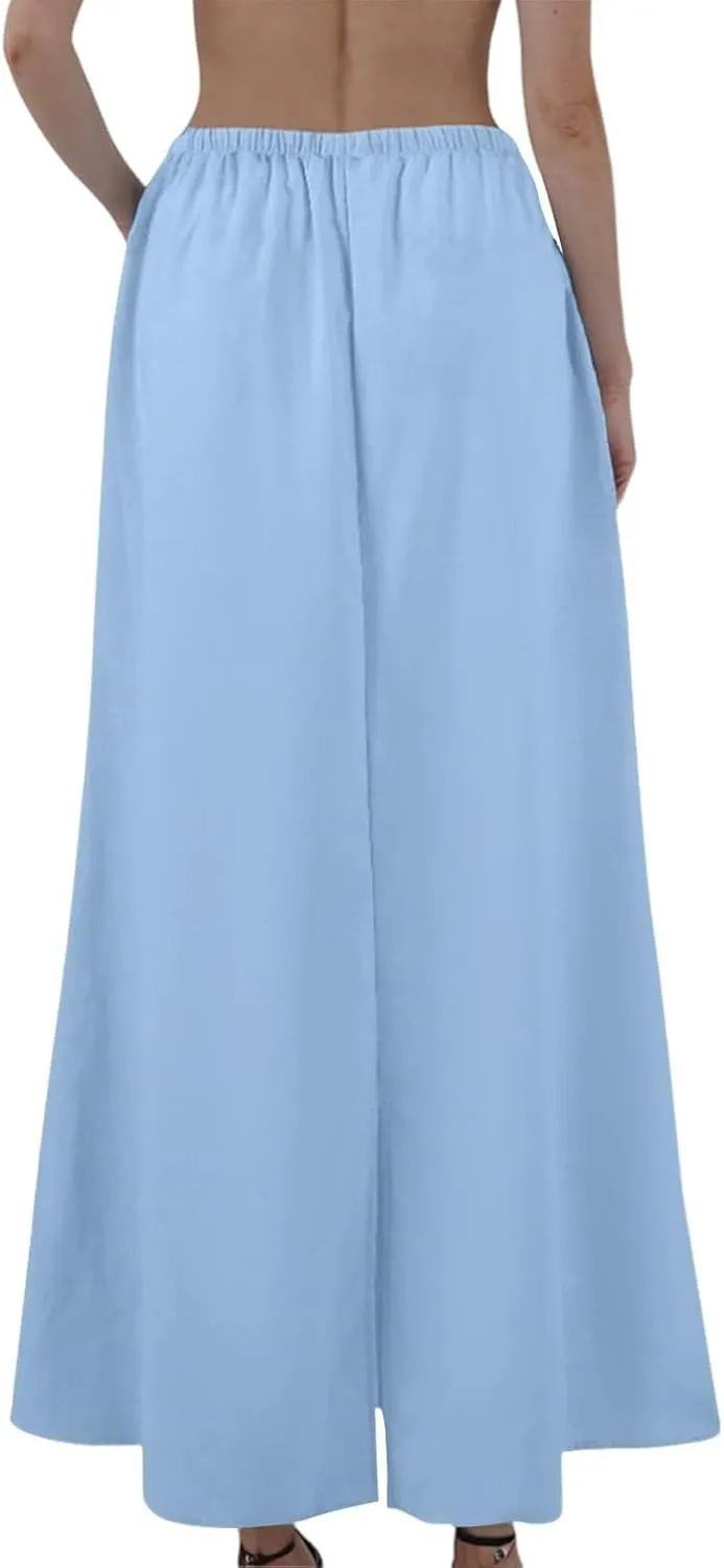 Womens Linen Skirt Maxi Summer Work Skirt Drawstring Elastic High Waisted A Line Skirts Long with Slit (S-2Xl)