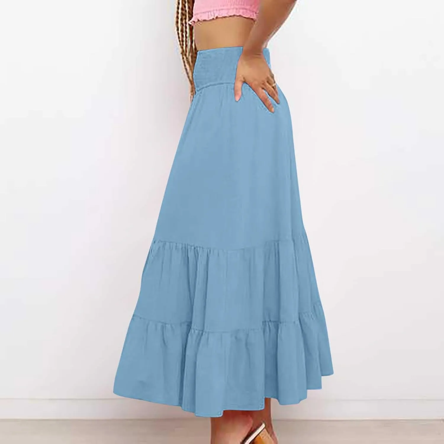 Womens Long Maxi Skirts 2025 Trendy Flowy Swing Tiered A-Line Skirt Summer Elastic High Waist Solid Boho Beach Outfit