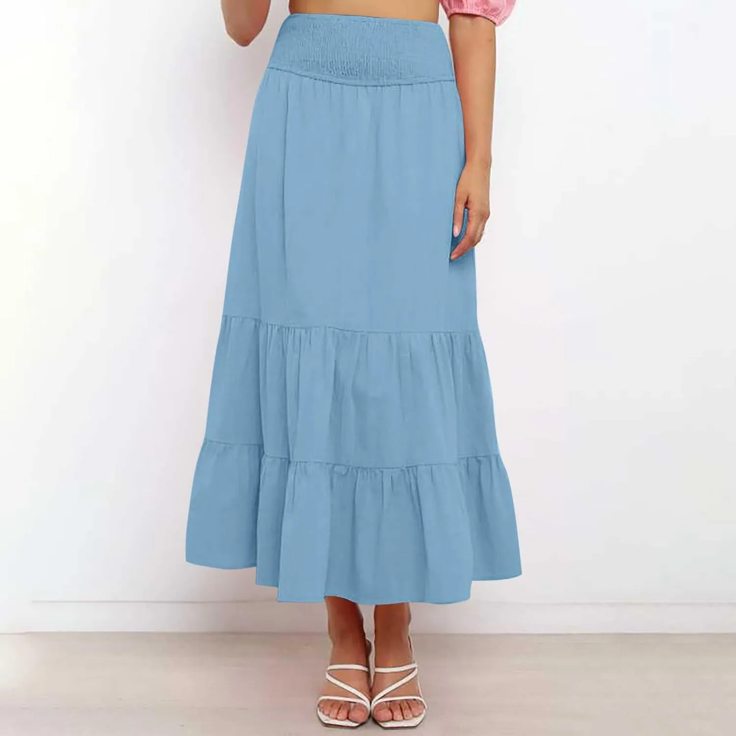 Womens Long Maxi Skirts 2025 Trendy Flowy Swing Tiered A-Line Skirt Summer Elastic High Waist Solid Boho Beach Outfit