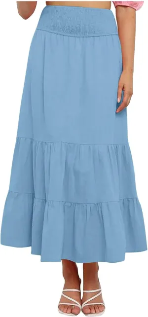 Womens Long Maxi Skirts 2025 Trendy Flowy Swing Tiered A-Line Skirt Summer Elastic High Waist Solid Boho Beach Outfit