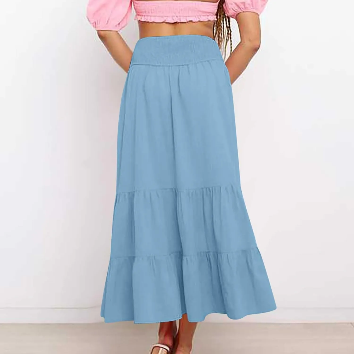 Womens Long Maxi Skirts 2025 Trendy Flowy Swing Tiered A-Line Skirt Summer Elastic High Waist Solid Boho Beach Outfit