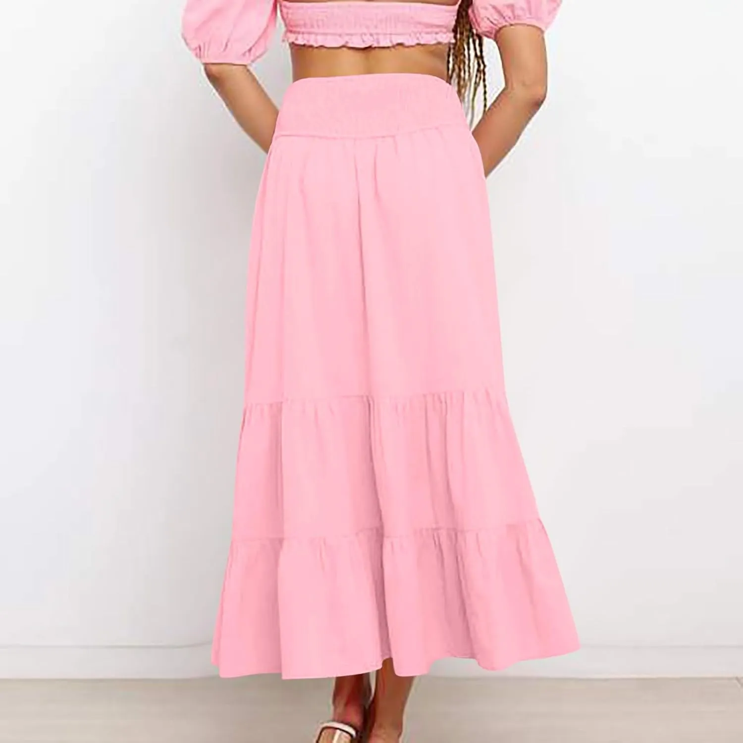 Womens Long Maxi Skirts 2025 Trendy Flowy Swing Tiered A-Line Skirt Summer Elastic High Waist Solid Boho Beach Outfit