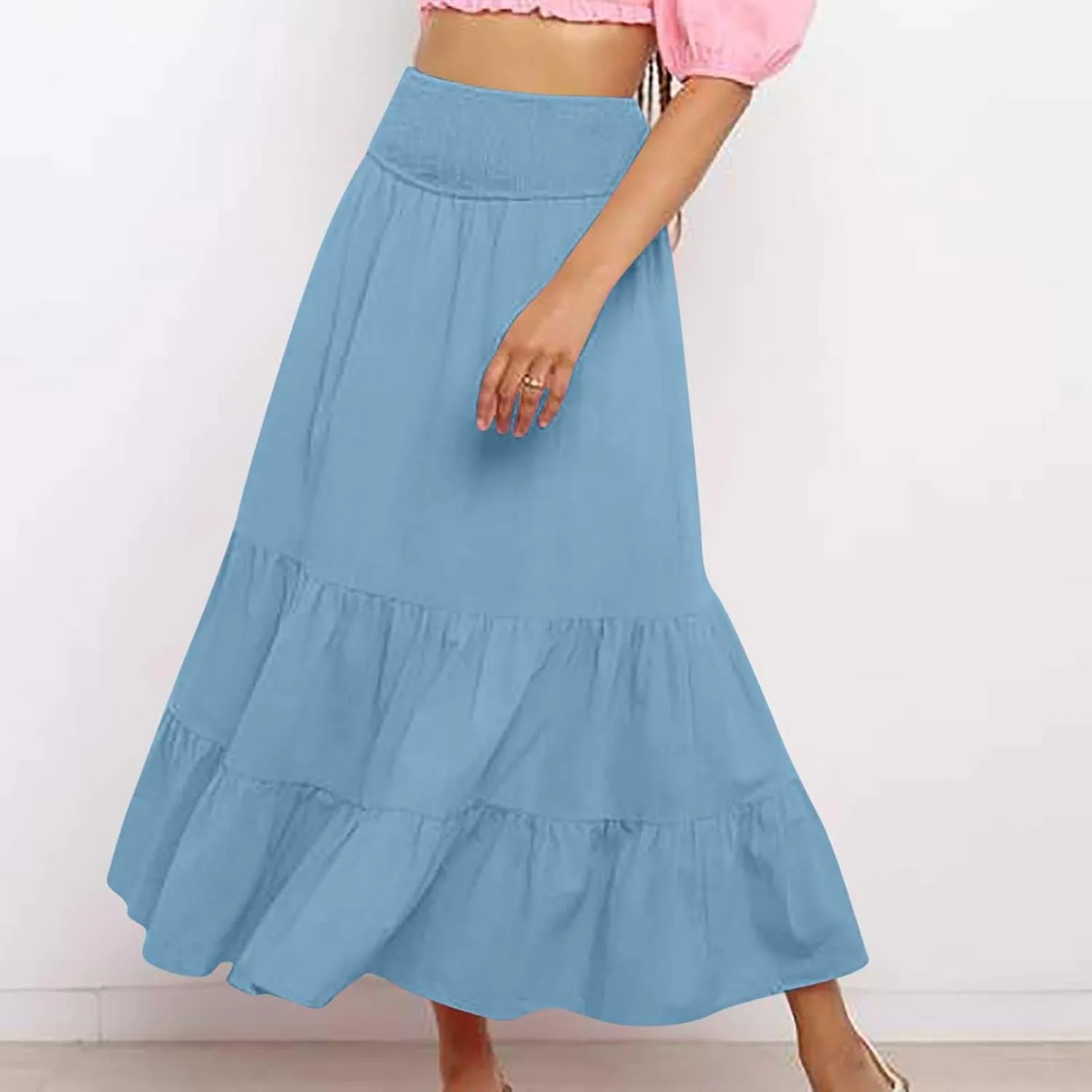 Womens Long Maxi Skirts 2025 Trendy Flowy Swing Tiered A-Line Skirt Summer Elastic High Waist Solid Boho Beach Outfit