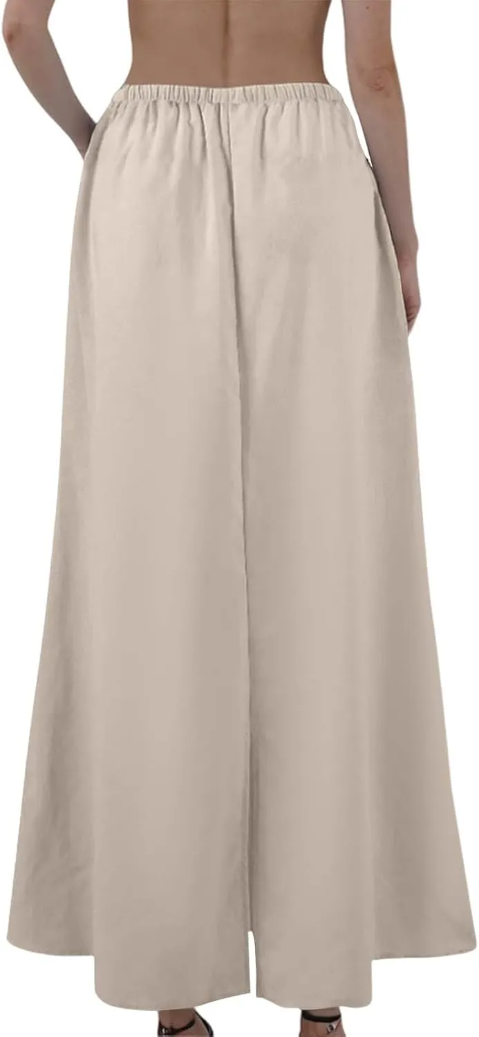 Womens Maxi Skirts Long Cotton Linen Summer Drawstring High Waisted Aline Skirt with Slit Bohemian Skirts (S-2Xl)