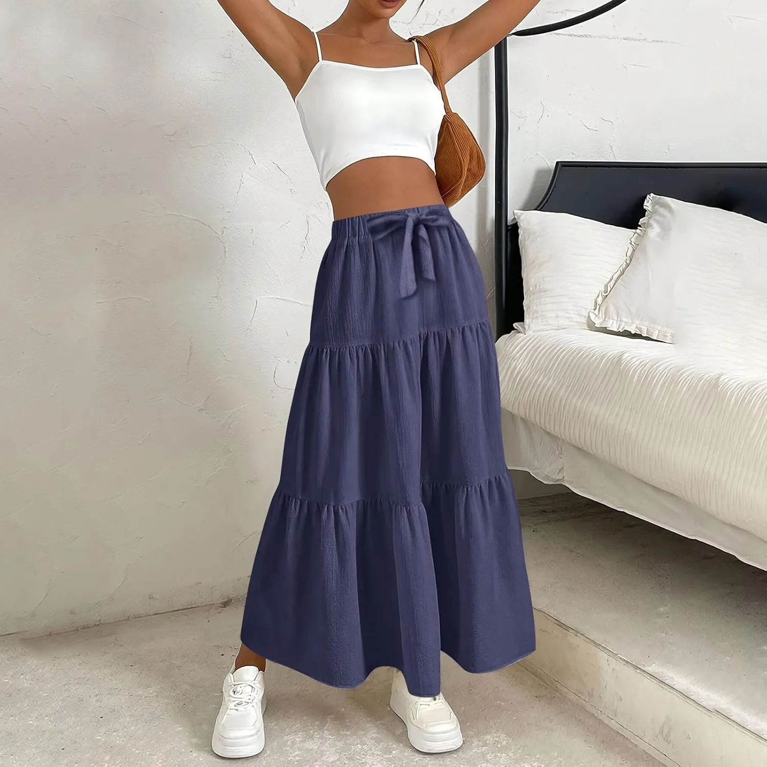 Womens Maxi Skirts Summer Drawstring Elastic High Waisted Aline Skirt Work Layered Tiered Pleated Long Skirts (S-2Xl)