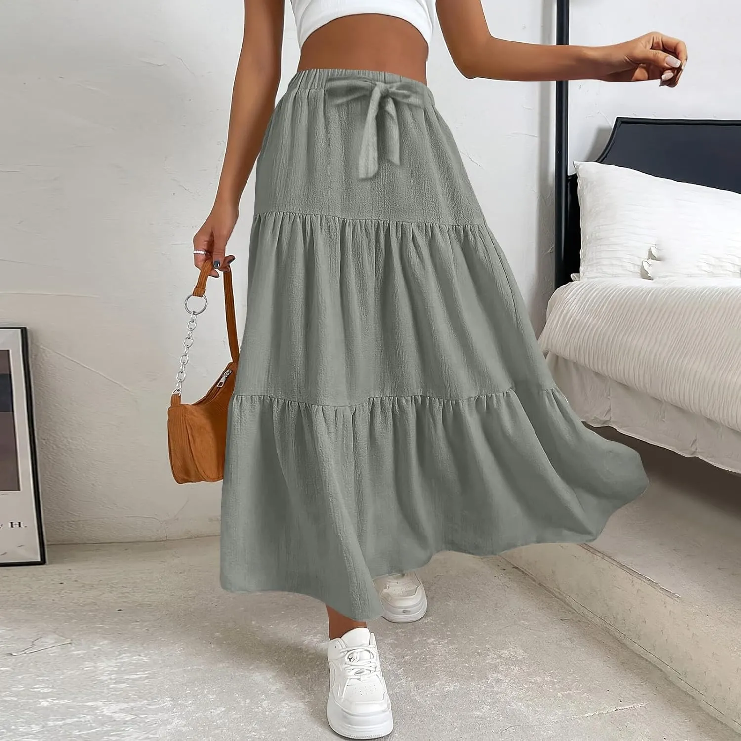 Womens Maxi Skirts Summer Drawstring Elastic High Waisted Aline Skirt Work Layered Tiered Pleated Long Skirts (S-2Xl)