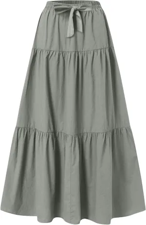 Womens Maxi Skirts Summer Drawstring Elastic High Waisted Aline Skirt Work Layered Tiered Pleated Long Skirts (S-2Xl)