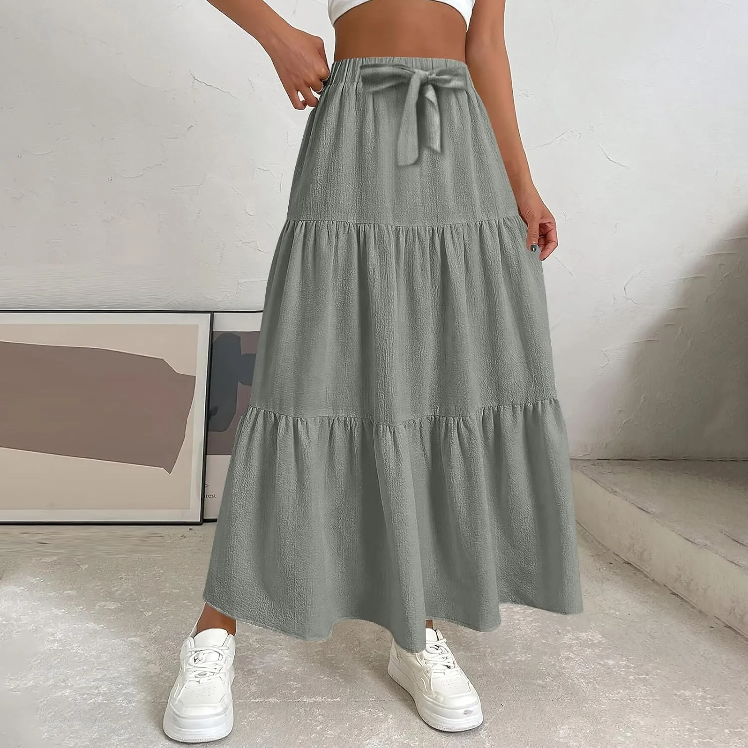 Womens Maxi Skirts Summer Drawstring Elastic High Waisted Aline Skirt Work Layered Tiered Pleated Long Skirts (S-2Xl)
