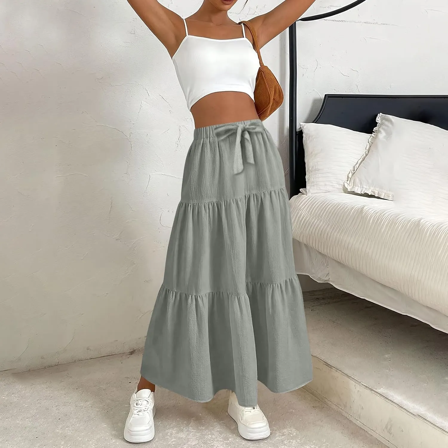 Womens Maxi Skirts Summer Drawstring Elastic High Waisted Aline Skirt Work Layered Tiered Pleated Long Skirts (S-2Xl)